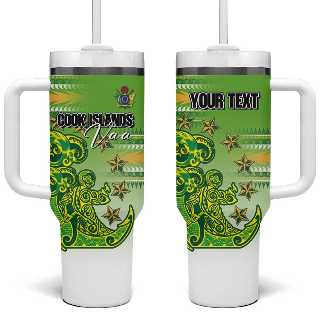 Personalised Cook Islands Va'a Race Tumbler With Handle Te Tatau Tattoos Sporty Style Green-White Color LT03 One Size: 40 oz Green - Polynesian Pride