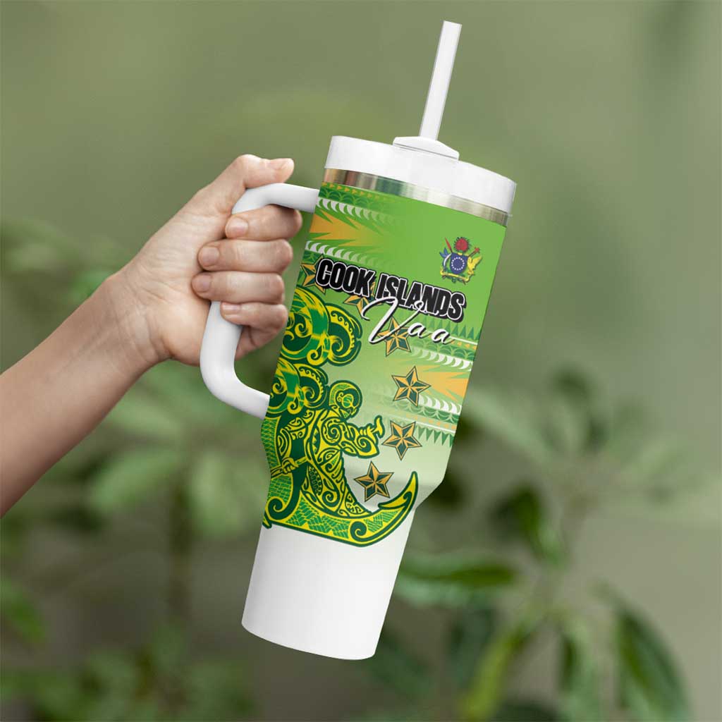 Personalised Cook Islands Va'a Race Tumbler With Handle Te Tatau Tattoos Sporty Style Green-White Color LT03 - Polynesian Pride
