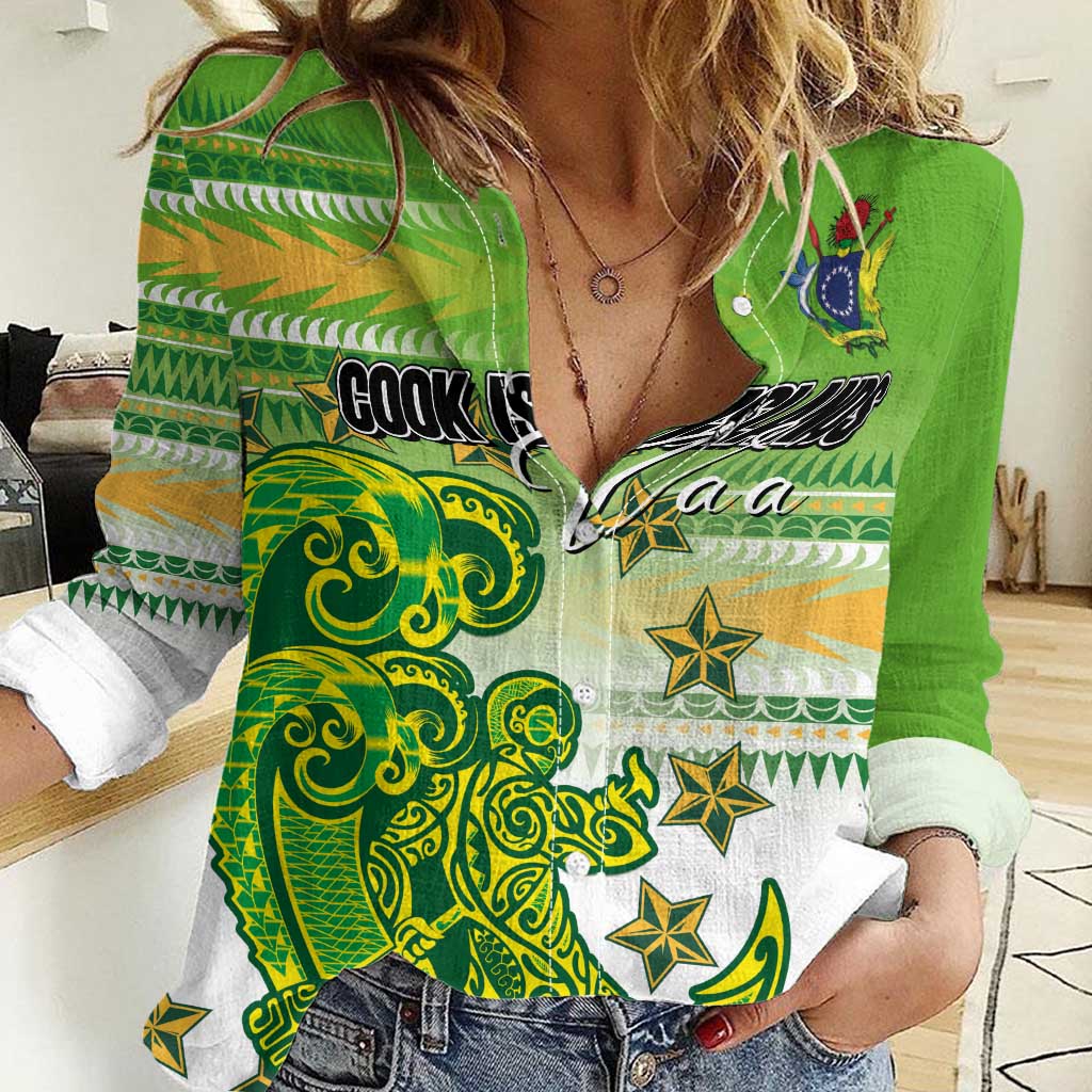 Personalised Cook Islands Va'a Race Women Casual Shirt Te Tatau Tattoos Sporty Style Green-White Color LT03 Female Green - Polynesian Pride