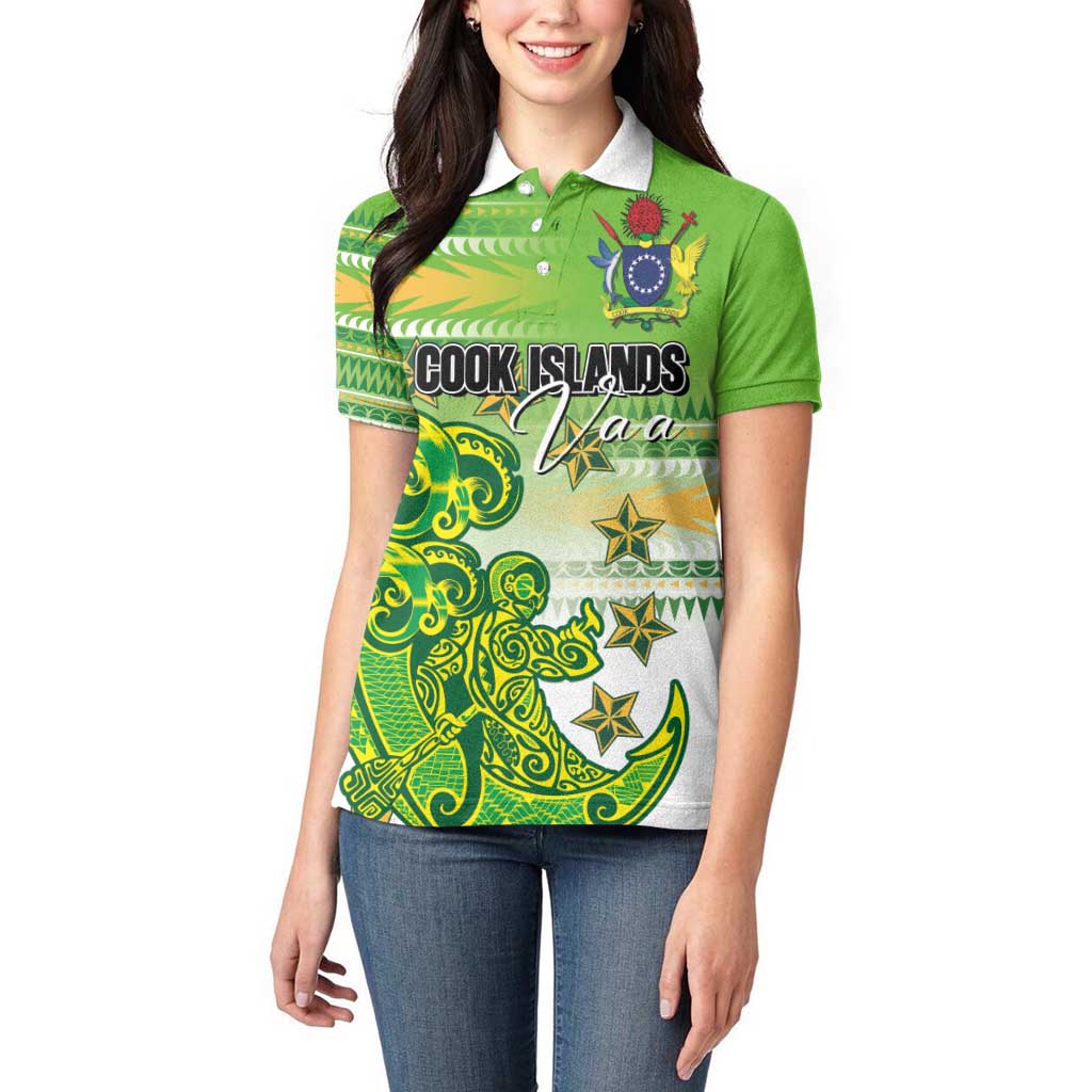 Personalised Cook Islands Va'a Race Women Polo Shirt Te Tatau Tattoos Sporty Style Green-White Color - Polynesian Pride