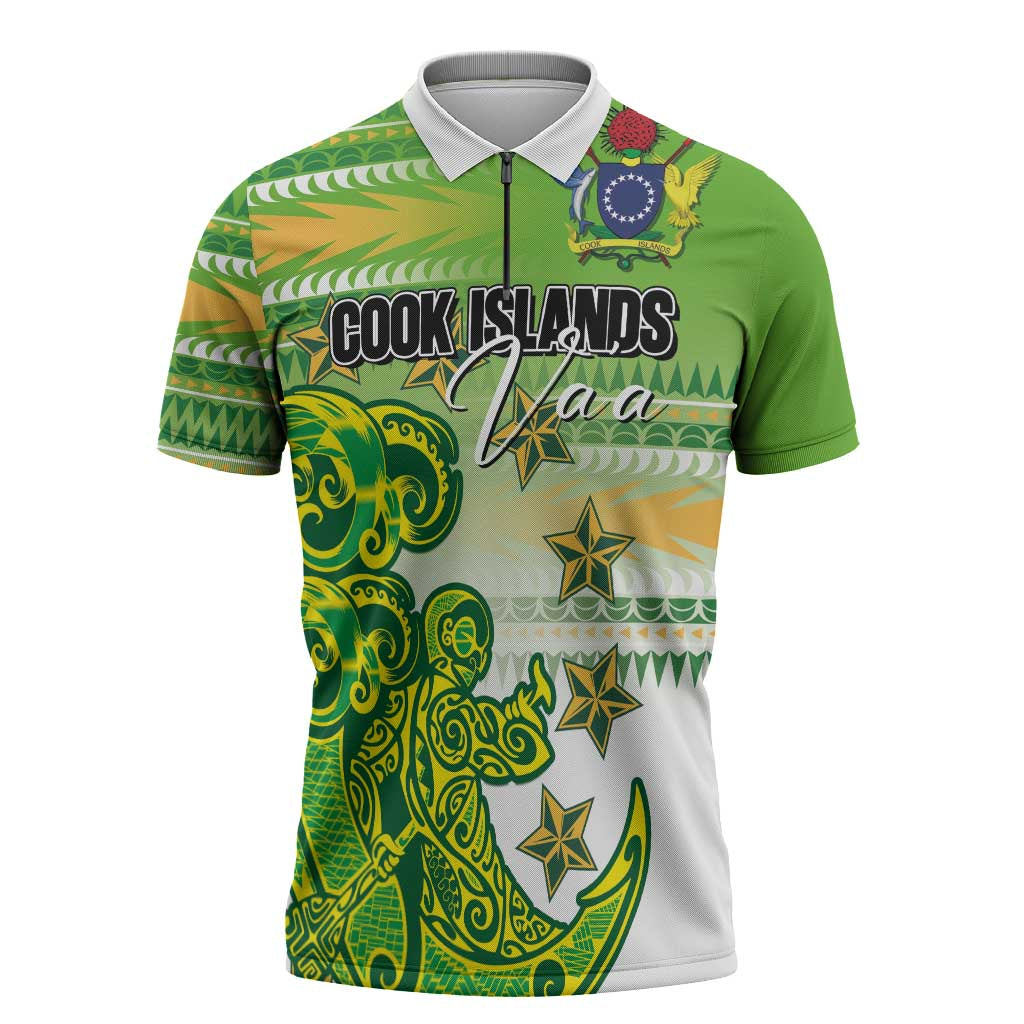 Personalised Cook Islands Va'a Race Zipper Polo Shirt Te Tatau Tattoos Sporty Style Green-White Color LT03 Green - Polynesian Pride