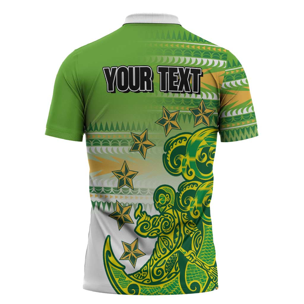 Personalised Cook Islands Va'a Race Zipper Polo Shirt Te Tatau Tattoos Sporty Style Green-White Color LT03 - Polynesian Pride
