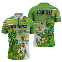 Personalised Cook Islands Va'a Race Zipper Polo Shirt Te Tatau Tattoos Sporty Style Green-White Color LT03 - Polynesian Pride