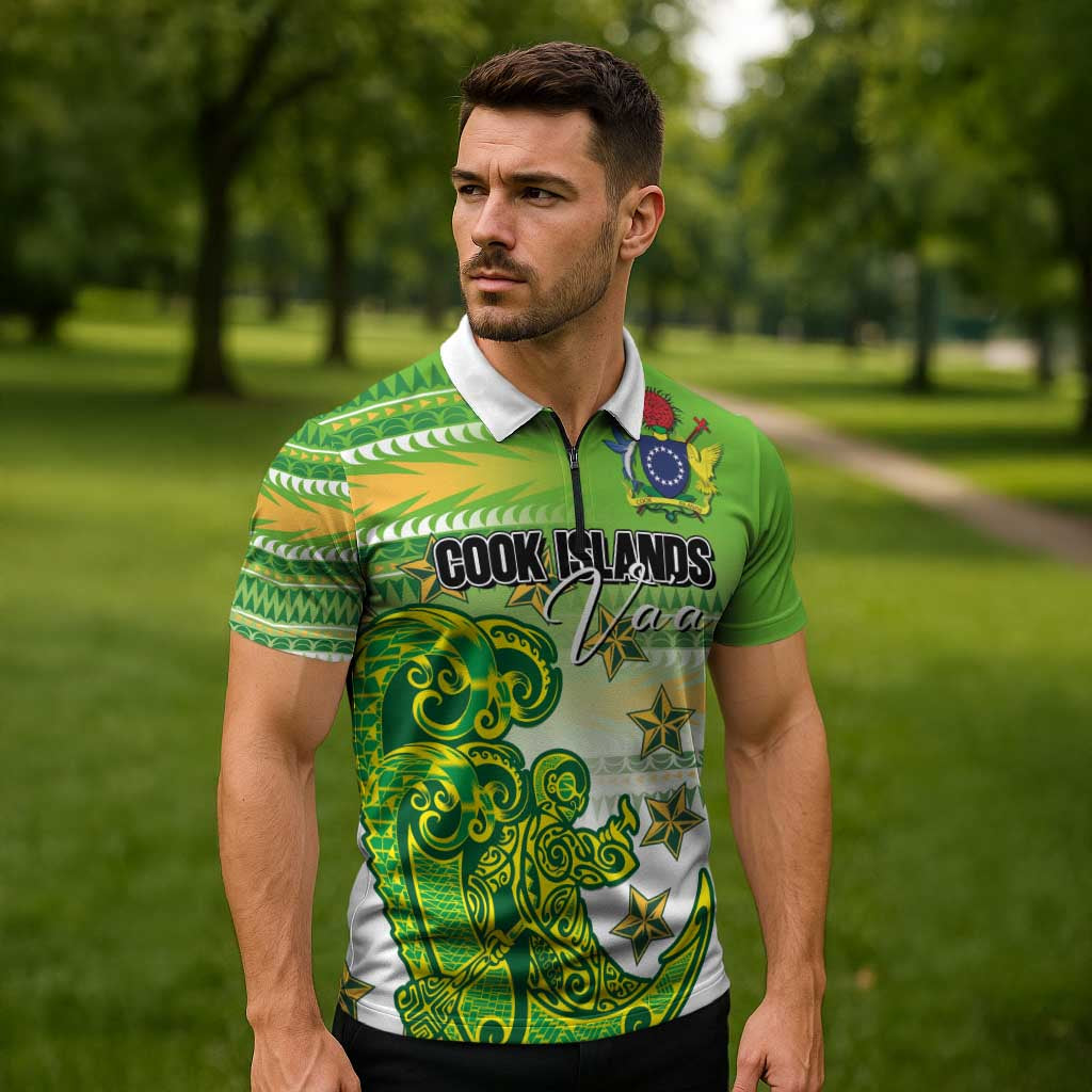 Personalised Cook Islands Va'a Race Zipper Polo Shirt Te Tatau Tattoos Sporty Style Green-White Color LT03 - Polynesian Pride