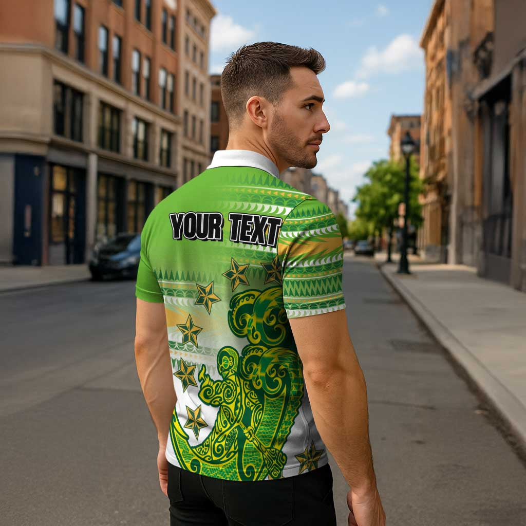 Personalised Cook Islands Va'a Race Zipper Polo Shirt Te Tatau Tattoos Sporty Style Green-White Color LT03 - Polynesian Pride