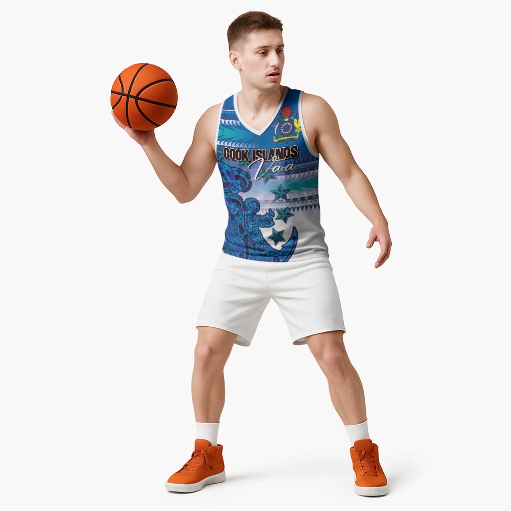 Personalised Cook Islands Va'a Race Basketball Jersey Te Tatau Tattoos Sporty Style Light Blue Color LT03 - Polynesian Pride