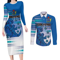 Personalised Cook Islands Va'a Race Couples Matching Long Sleeve Bodycon Dress and Long Sleeve Button Shirt Te Tatau Tattoos Sporty Style Light Blue Color LT03 Blue - Polynesian Pride