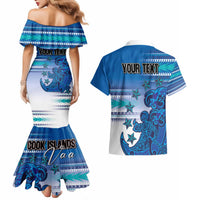 Personalised Cook Islands Va'a Race Couples Matching Mermaid Dress and Hawaiian Shirt Te Tatau Tattoos Sporty Style Light Blue Color LT03 - Polynesian Pride