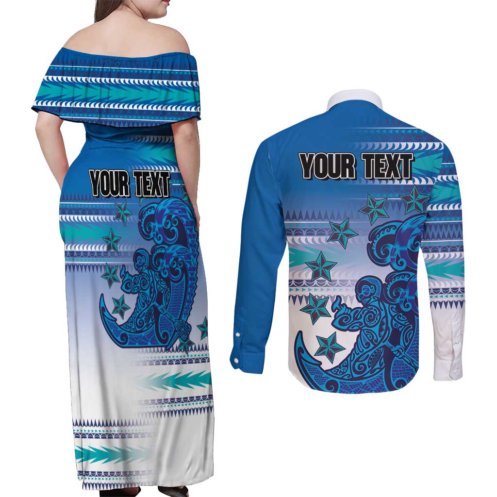 Personalised Cook Islands Va'a Race Couples Matching Off Shoulder Maxi Dress and Long Sleeve Button Shirt Te Tatau Tattoos Sporty Style Light Blue Color LT03 - Polynesian Pride