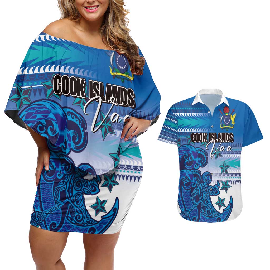 Personalised Cook Islands Va'a Race Couples Matching Off Shoulder Short Dress and Hawaiian Shirt Te Tatau Tattoos Sporty Style Light Blue Color LT03 Blue - Polynesian Pride