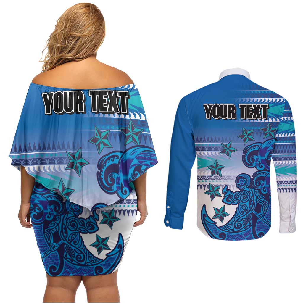 Personalised Cook Islands Va'a Race Couples Matching Off Shoulder Short Dress and Long Sleeve Button Shirt Te Tatau Tattoos Sporty Style Light Blue Color LT03 - Polynesian Pride