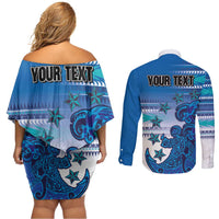 Personalised Cook Islands Va'a Race Couples Matching Off Shoulder Short Dress and Long Sleeve Button Shirt Te Tatau Tattoos Sporty Style Light Blue Color LT03 - Polynesian Pride