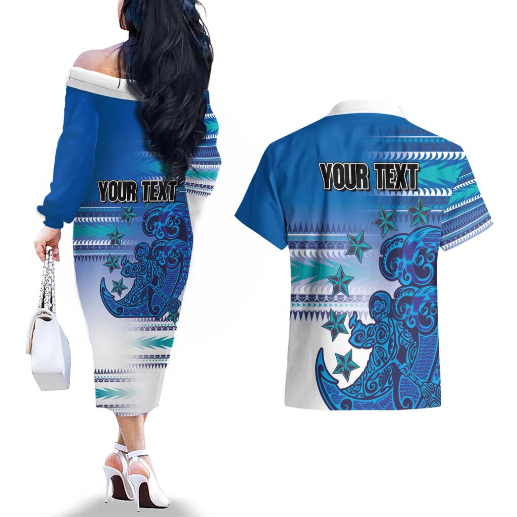 Personalised Cook Islands Va'a Race Couples Matching Off The Shoulder Long Sleeve Dress and Hawaiian Shirt Te Tatau Tattoos Sporty Style Light Blue Color LT03 - Polynesian Pride