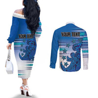 Personalised Cook Islands Va'a Race Couples Matching Off The Shoulder Long Sleeve Dress and Long Sleeve Button Shirt Te Tatau Tattoos Sporty Style Light Blue Color LT03 - Polynesian Pride