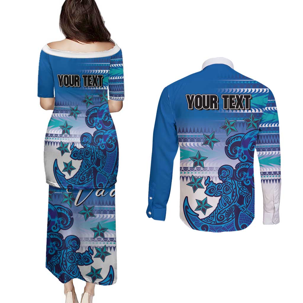 Personalised Cook Islands Va'a Race Couples Matching Puletasi and Long Sleeve Button Shirt Te Tatau Tattoos Sporty Style Light Blue Color LT03 - Polynesian Pride