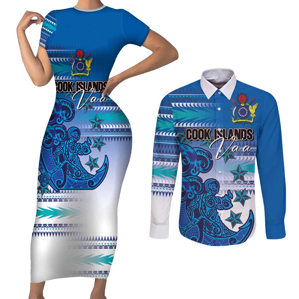 Personalised Cook Islands Va'a Race Couples Matching Short Sleeve Bodycon Dress and Long Sleeve Button Shirt Te Tatau Tattoos Sporty Style Light Blue Color LT03 Blue - Polynesian Pride