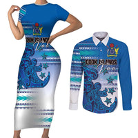 Personalised Cook Islands Va'a Race Couples Matching Short Sleeve Bodycon Dress and Long Sleeve Button Shirt Te Tatau Tattoos Sporty Style Light Blue Color LT03 Blue - Polynesian Pride