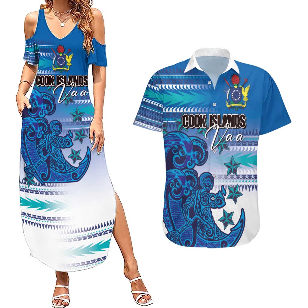 Personalised Cook Islands Va'a Race Couples Matching Summer Maxi Dress and Hawaiian Shirt Te Tatau Tattoos Sporty Style Light Blue Color LT03 Blue - Polynesian Pride