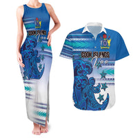Personalised Cook Islands Va'a Race Couples Matching Tank Maxi Dress and Hawaiian Shirt Te Tatau Tattoos Sporty Style Light Blue Color LT03 Blue - Polynesian Pride