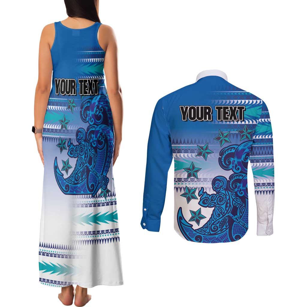 Personalised Cook Islands Va'a Race Couples Matching Tank Maxi Dress and Long Sleeve Button Shirt Te Tatau Tattoos Sporty Style Light Blue Color LT03 - Polynesian Pride