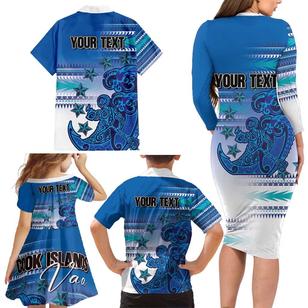 Personalised Cook Islands Va'a Race Family Matching Long Sleeve Bodycon Dress and Hawaiian Shirt Te Tatau Tattoos Sporty Style Light Blue Color LT03 - Polynesian Pride
