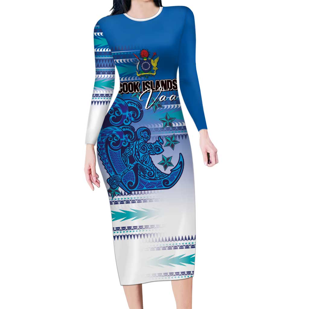 Personalised Cook Islands Va'a Race Family Matching Long Sleeve Bodycon Dress and Hawaiian Shirt Te Tatau Tattoos Sporty Style Light Blue Color LT03 Mom's Dress Blue - Polynesian Pride