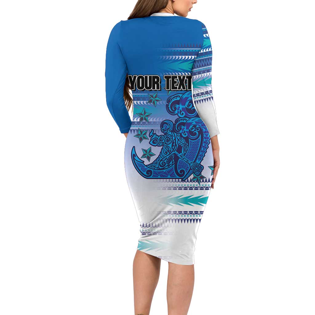 Personalised Cook Islands Va'a Race Family Matching Long Sleeve Bodycon Dress and Hawaiian Shirt Te Tatau Tattoos Sporty Style Light Blue Color LT03 - Polynesian Pride