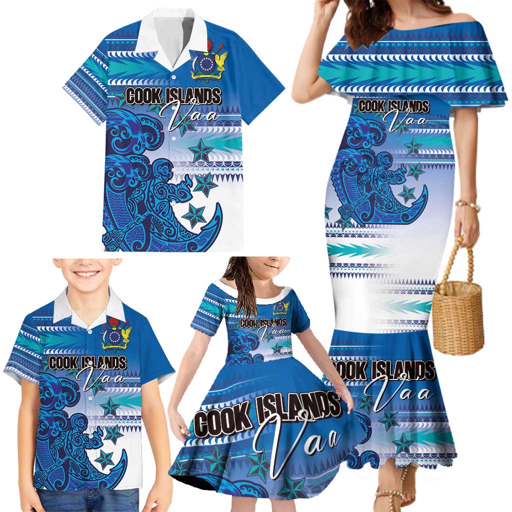 Personalised Cook Islands Va'a Race Family Matching Mermaid Dress and Hawaiian Shirt Te Tatau Tattoos Sporty Style Light Blue Color LT03 - Polynesian Pride