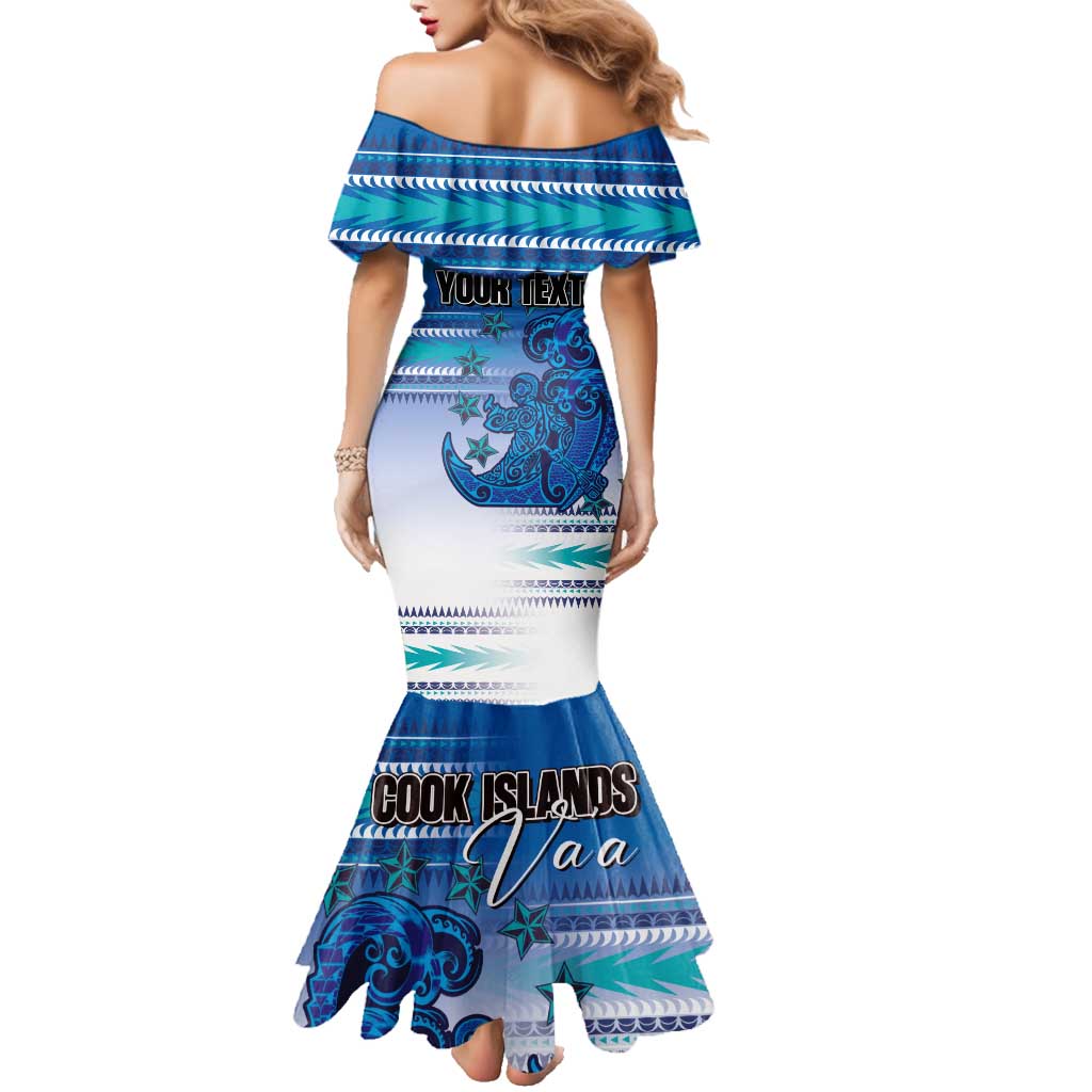Personalised Cook Islands Va'a Race Family Matching Mermaid Dress and Hawaiian Shirt Te Tatau Tattoos Sporty Style Light Blue Color LT03 - Polynesian Pride