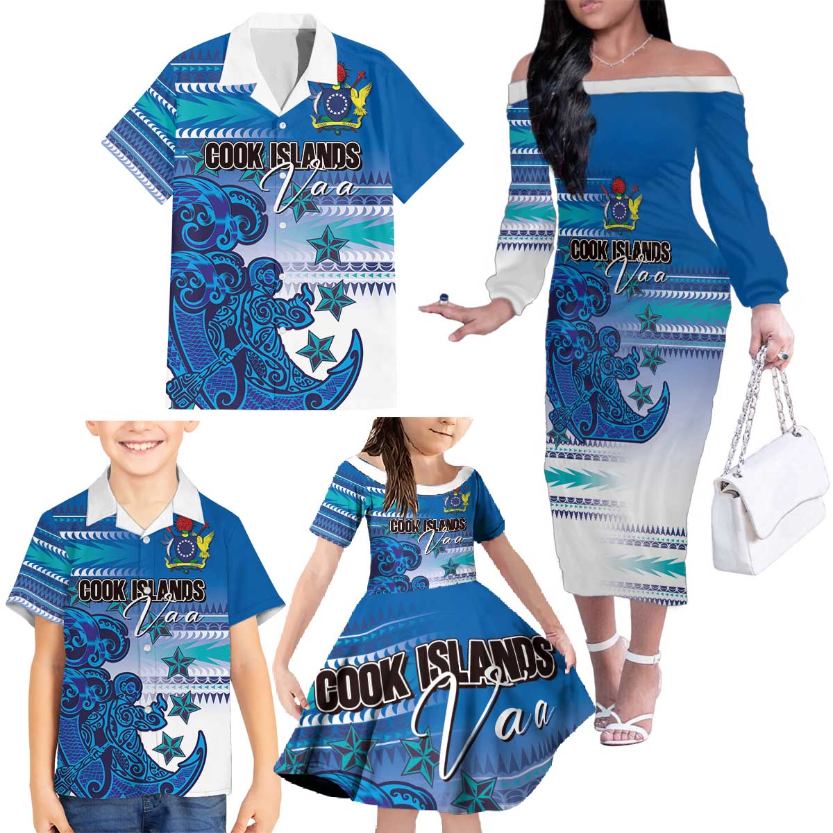 Personalised Cook Islands Va'a Race Family Matching Off The Shoulder Long Sleeve Dress and Hawaiian Shirt Te Tatau Tattoos Sporty Style Light Blue Color LT03 - Polynesian Pride