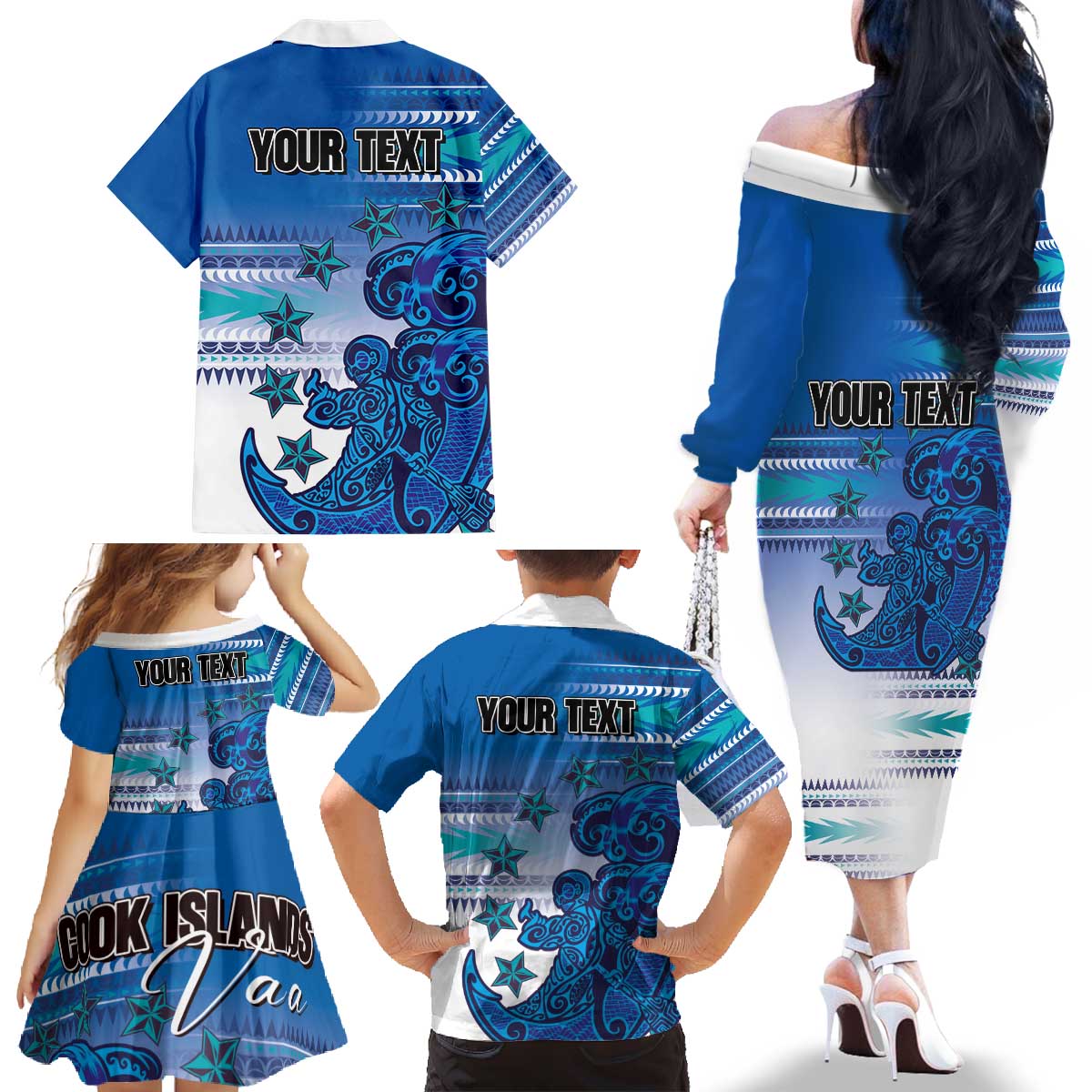 Personalised Cook Islands Va'a Race Family Matching Off The Shoulder Long Sleeve Dress and Hawaiian Shirt Te Tatau Tattoos Sporty Style Light Blue Color LT03 - Polynesian Pride