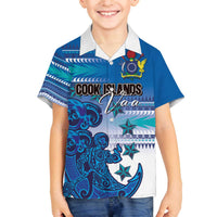 Personalised Cook Islands Va'a Race Family Matching Off The Shoulder Long Sleeve Dress and Hawaiian Shirt Te Tatau Tattoos Sporty Style Light Blue Color LT03 Son's Shirt Blue - Polynesian Pride