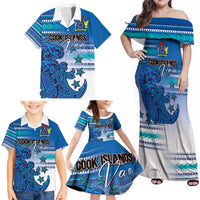 Personalised Cook Islands Va'a Race Family Matching Off Shoulder Maxi Dress and Hawaiian Shirt Te Tatau Tattoos Sporty Style Light Blue Color LT03 - Polynesian Pride