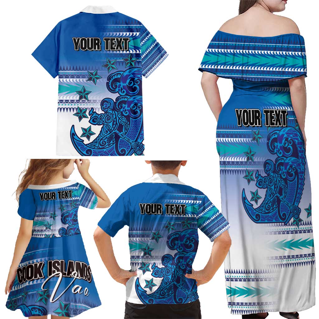 Personalised Cook Islands Va'a Race Family Matching Off Shoulder Maxi Dress and Hawaiian Shirt Te Tatau Tattoos Sporty Style Light Blue Color LT03 - Polynesian Pride
