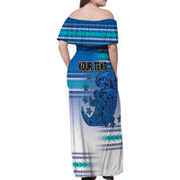 Personalised Cook Islands Va'a Race Family Matching Off Shoulder Maxi Dress and Hawaiian Shirt Te Tatau Tattoos Sporty Style Light Blue Color LT03 - Polynesian Pride