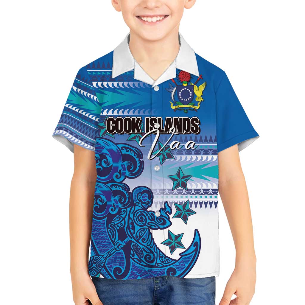 Personalised Cook Islands Va'a Race Family Matching Off Shoulder Maxi Dress and Hawaiian Shirt Te Tatau Tattoos Sporty Style Light Blue Color LT03 Son's Shirt Blue - Polynesian Pride