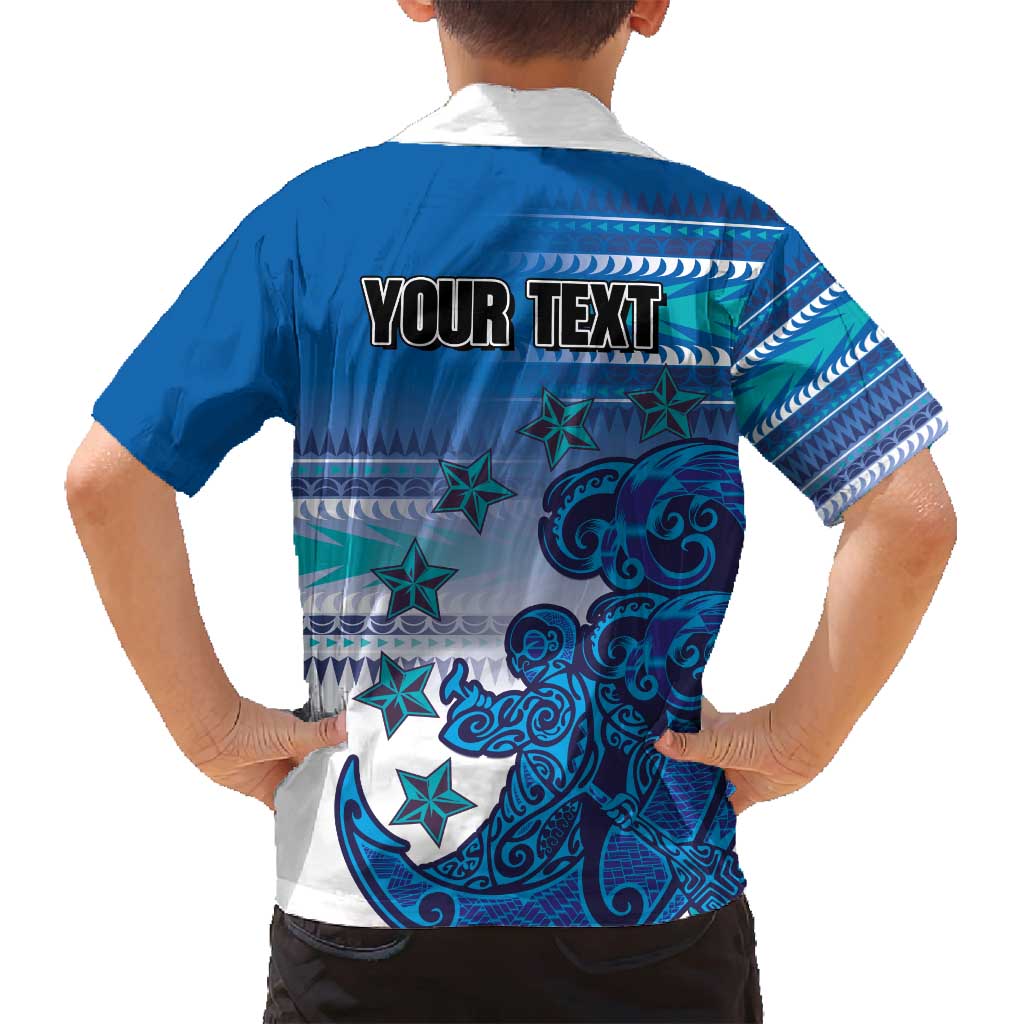 Personalised Cook Islands Va'a Race Family Matching Off Shoulder Short Dress and Hawaiian Shirt Te Tatau Tattoos Sporty Style Light Blue Color LT03 - Polynesian Pride