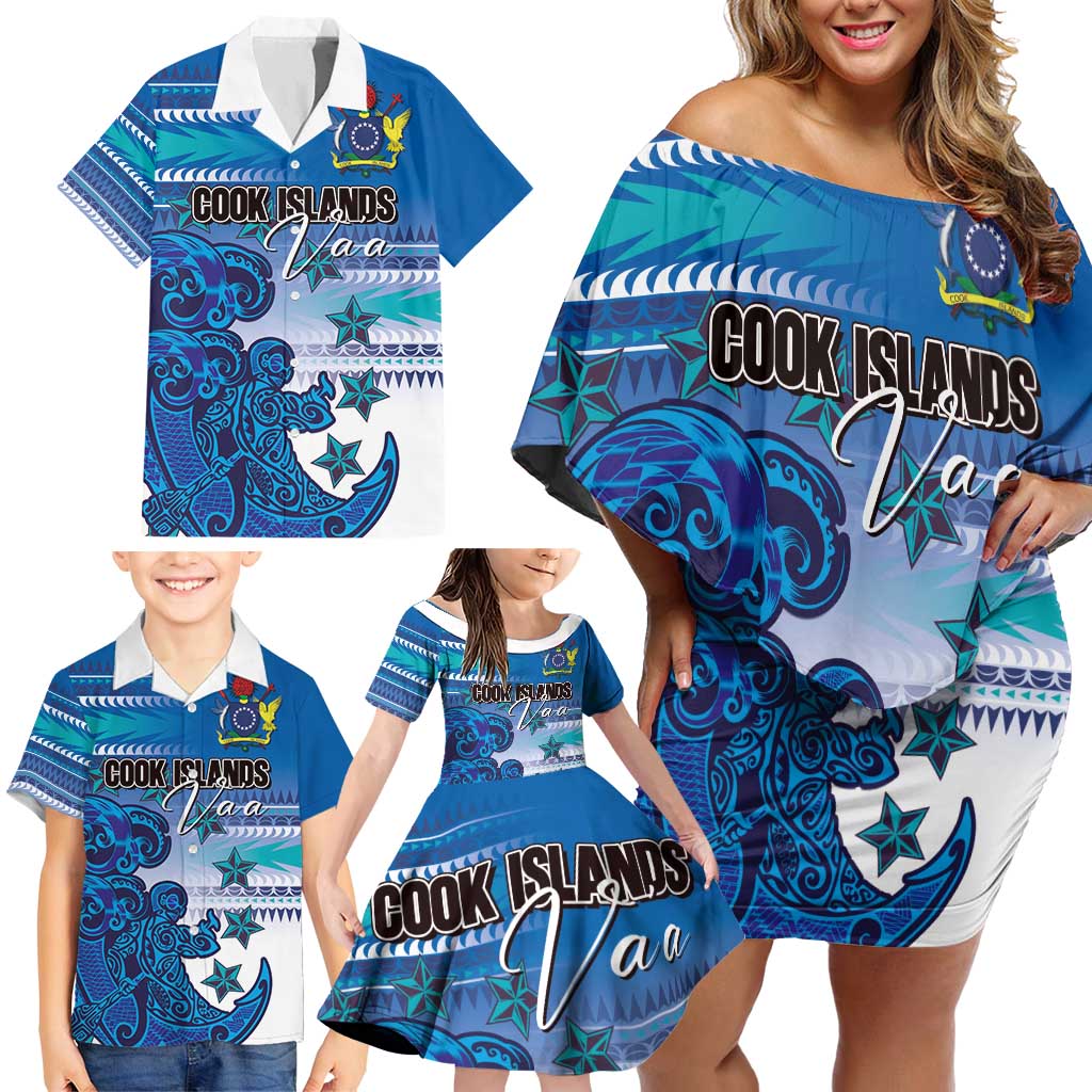 Personalised Cook Islands Va'a Race Family Matching Off Shoulder Short Dress and Hawaiian Shirt Te Tatau Tattoos Sporty Style Light Blue Color LT03 - Polynesian Pride