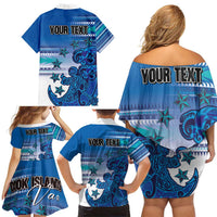Personalised Cook Islands Va'a Race Family Matching Off Shoulder Short Dress and Hawaiian Shirt Te Tatau Tattoos Sporty Style Light Blue Color LT03 - Polynesian Pride