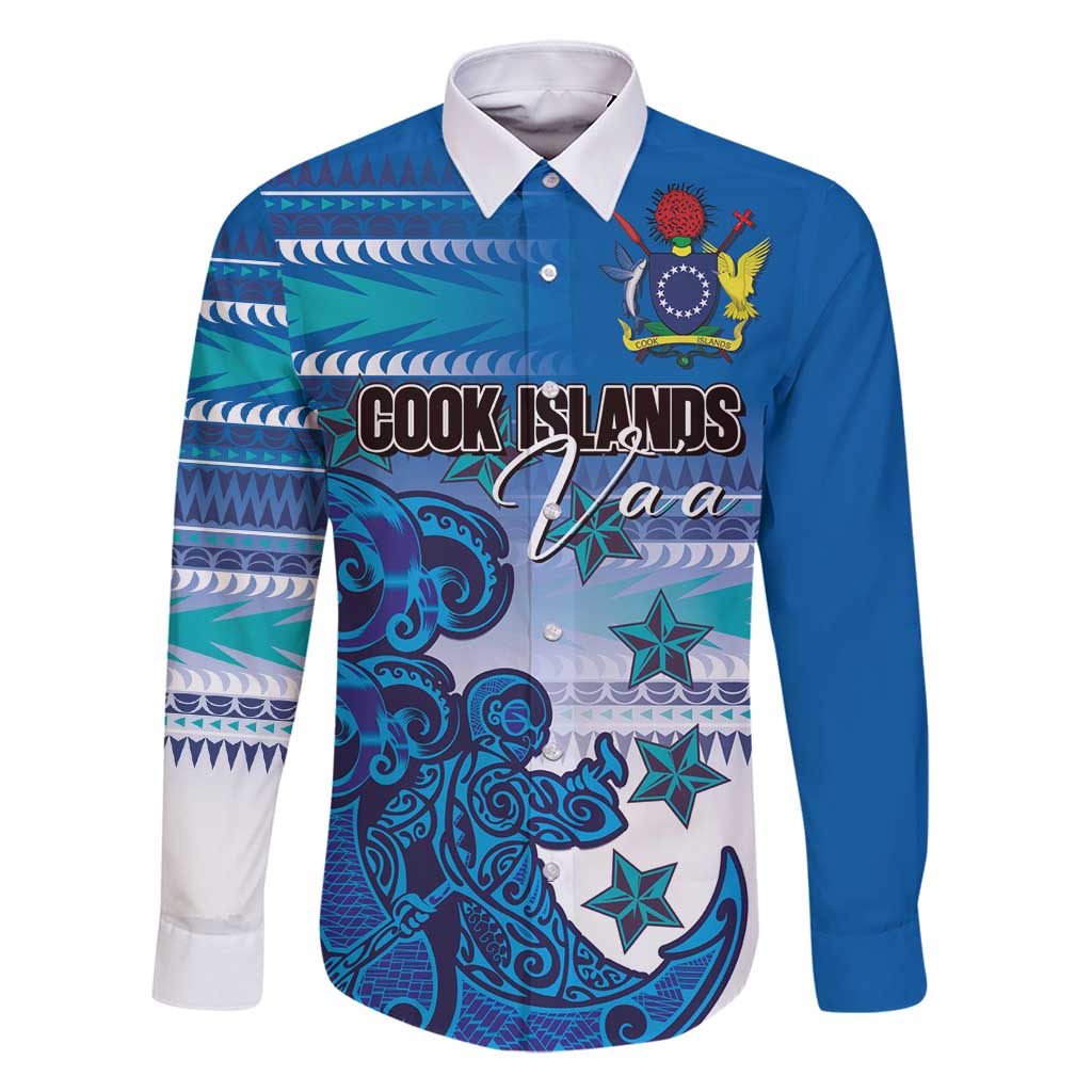 Personalised Cook Islands Va'a Race Family Matching Off Shoulder Short Dress and Hawaiian Shirt Te Tatau Tattoos Sporty Style Light Blue Color LT03 Dad's Shirt - Long Sleeve Blue - Polynesian Pride