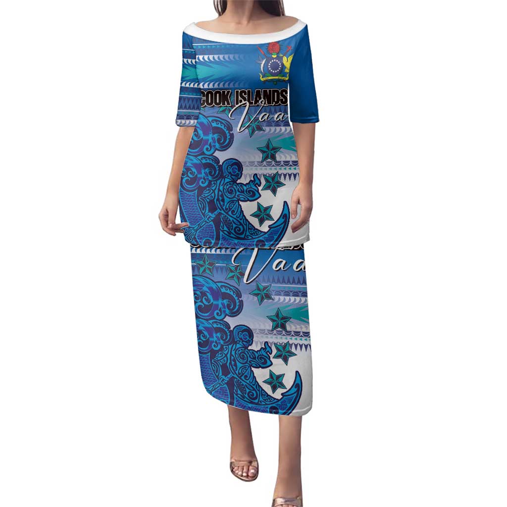 Personalised Cook Islands Va'a Race Family Matching Puletasi and Hawaiian Shirt Te Tatau Tattoos Sporty Style Light Blue Color LT03 Mom's Dress Blue - Polynesian Pride
