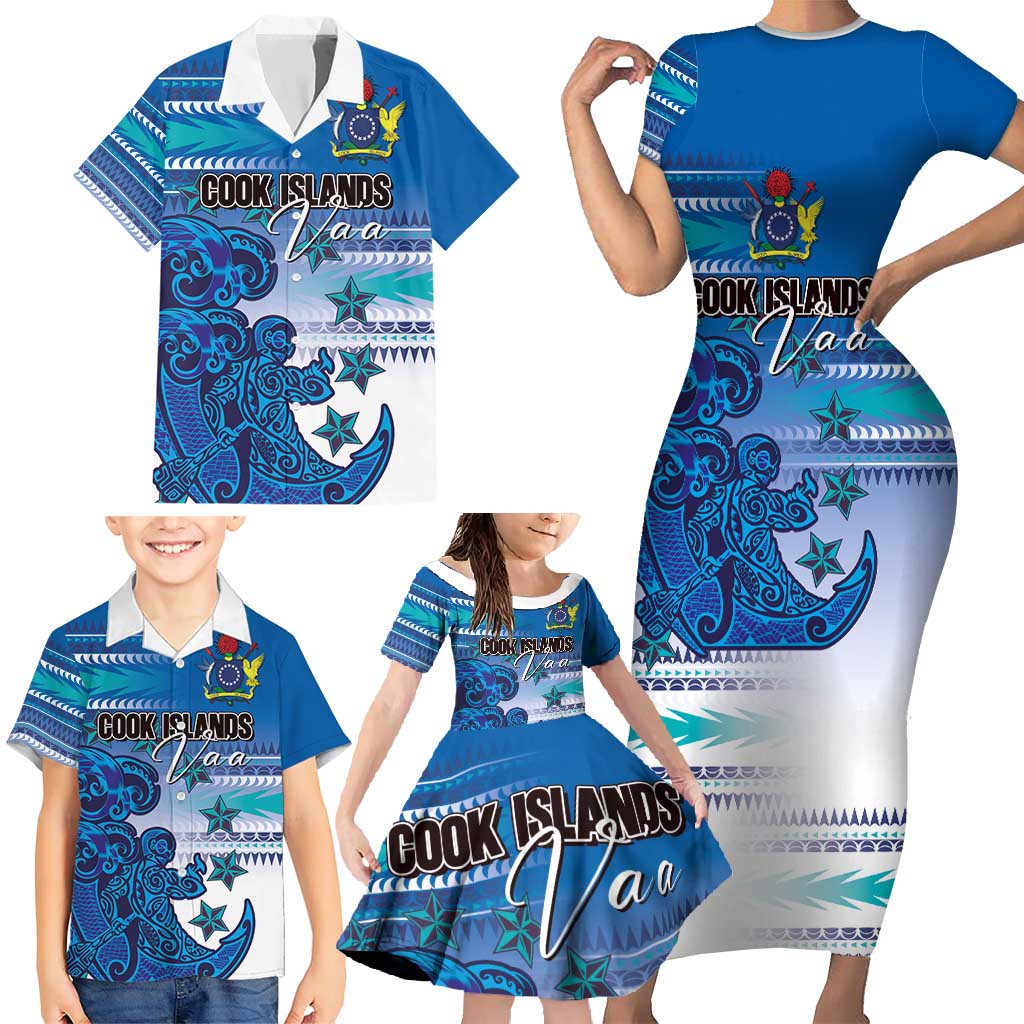 Personalised Cook Islands Va'a Race Family Matching Short Sleeve Bodycon Dress and Hawaiian Shirt Te Tatau Tattoos Sporty Style Light Blue Color LT03 - Polynesian Pride