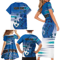 Personalised Cook Islands Va'a Race Family Matching Short Sleeve Bodycon Dress and Hawaiian Shirt Te Tatau Tattoos Sporty Style Light Blue Color LT03 - Polynesian Pride