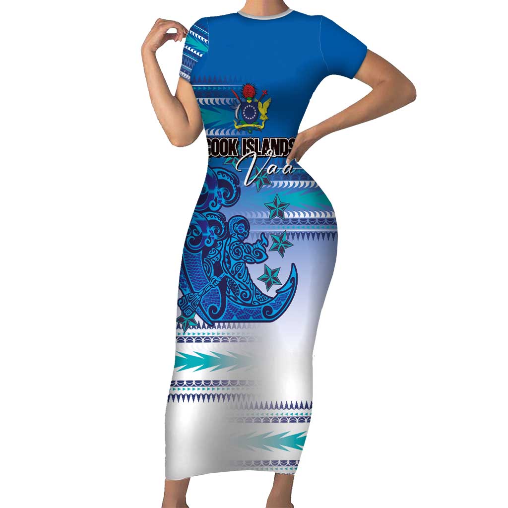 Personalised Cook Islands Va'a Race Family Matching Short Sleeve Bodycon Dress and Hawaiian Shirt Te Tatau Tattoos Sporty Style Light Blue Color LT03 Mom's Dress Blue - Polynesian Pride