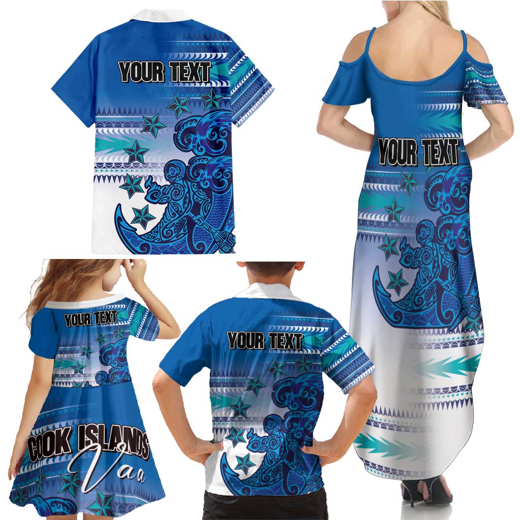 Personalised Cook Islands Va'a Race Family Matching Summer Maxi Dress and Hawaiian Shirt Te Tatau Tattoos Sporty Style Light Blue Color LT03 - Polynesian Pride