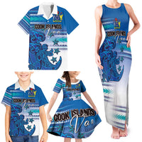 Personalised Cook Islands Va'a Race Family Matching Tank Maxi Dress and Hawaiian Shirt Te Tatau Tattoos Sporty Style Light Blue Color LT03 - Polynesian Pride
