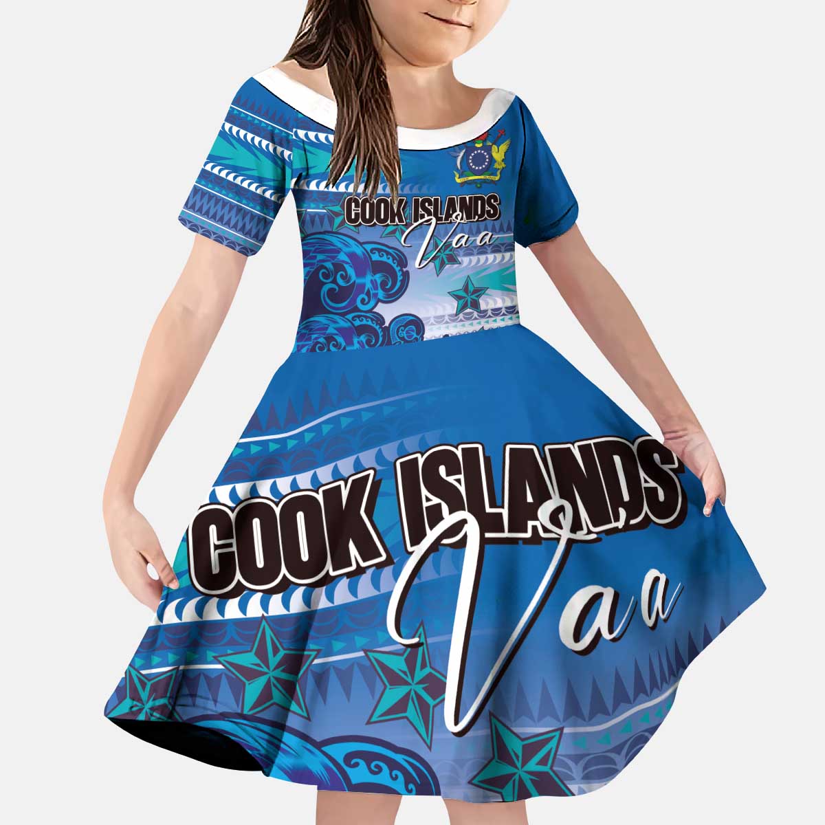 Personalised Cook Islands Va'a Race Kid Short Sleeve Dress Te Tatau Tattoos Sporty Style Light Blue Color LT03 KID Blue - Polynesian Pride