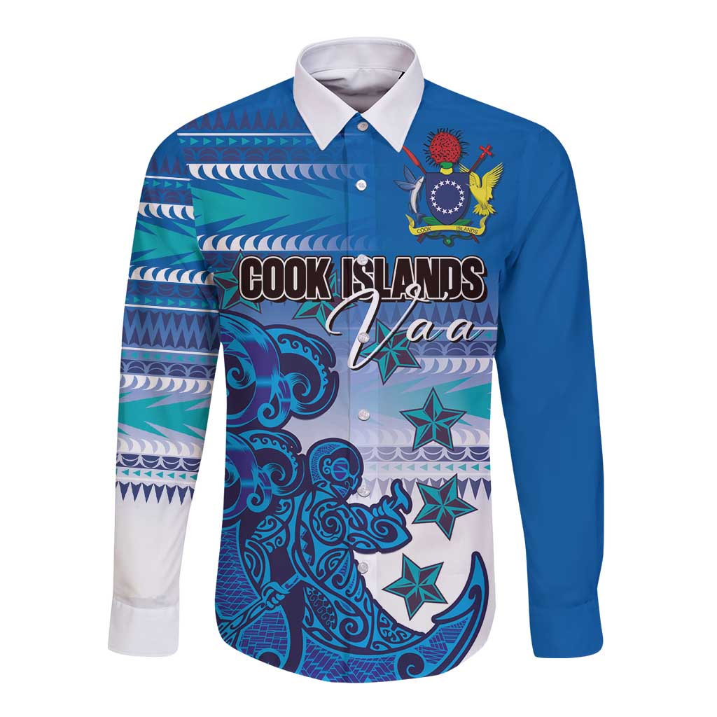 Personalised Cook Islands Va'a Race Long Sleeve Button Shirt Te Tatau Tattoos Sporty Style Light Blue Color LT03 Unisex Blue - Polynesian Pride