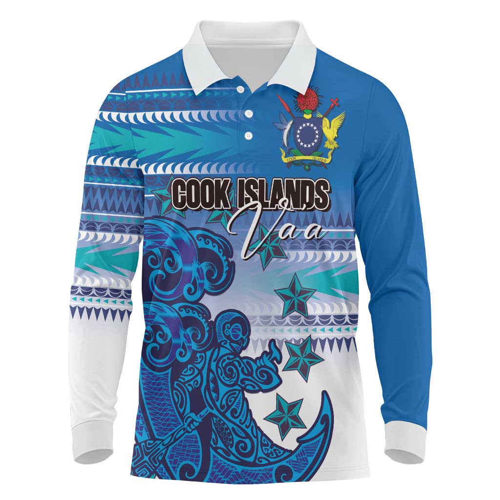 Personalised Cook Islands Va'a Race Long Sleeve Polo Shirt Te Tatau Tattoos Sporty Style Light Blue Color LT03 Blue - Polynesian Pride