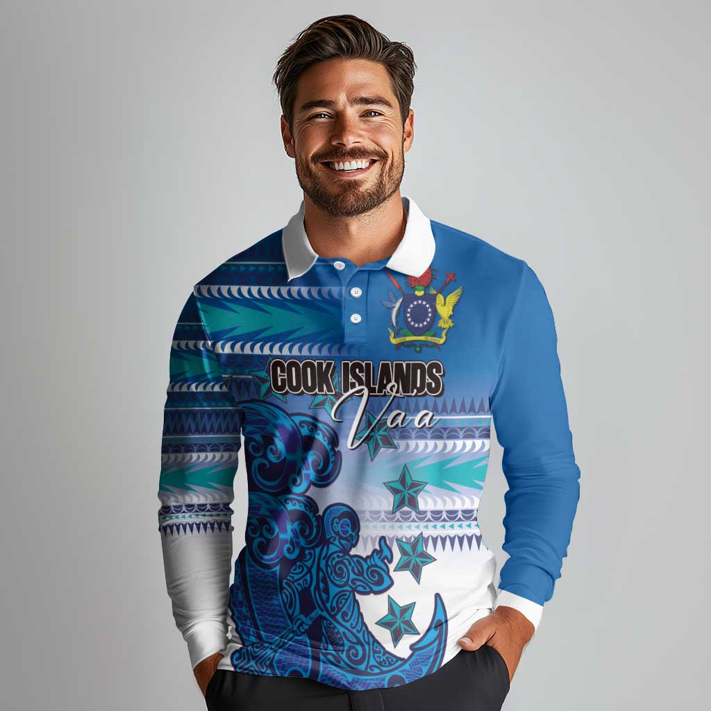 Personalised Cook Islands Va'a Race Long Sleeve Polo Shirt Te Tatau Tattoos Sporty Style Light Blue Color LT03 - Polynesian Pride